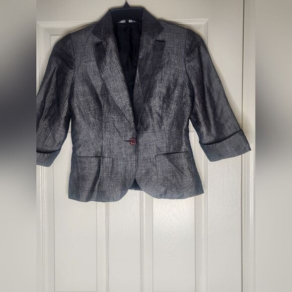 Hillard &Hanson 4 Silver Lined Ramie  1 Button Pockets 3/4Lv Cuffs Women Blazer - Picture 1 of 11